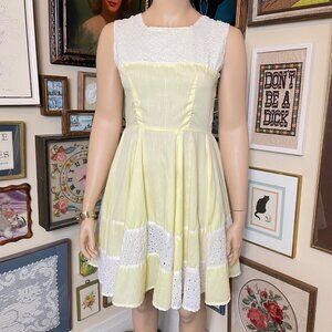 70s Vintage Volup Kate Schorer Originals Yellow and White Sleeveless Midi Dress